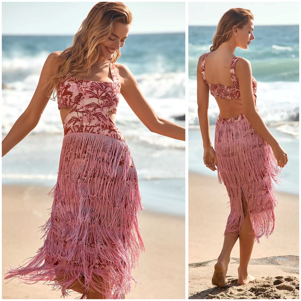 Anthropologie Pink Linen Fringe Column Midi Dress